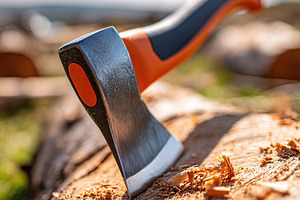 Axe resting on a log with wood shavings under a clear blue sky in a forest sett, a Photo by AlyaAnd