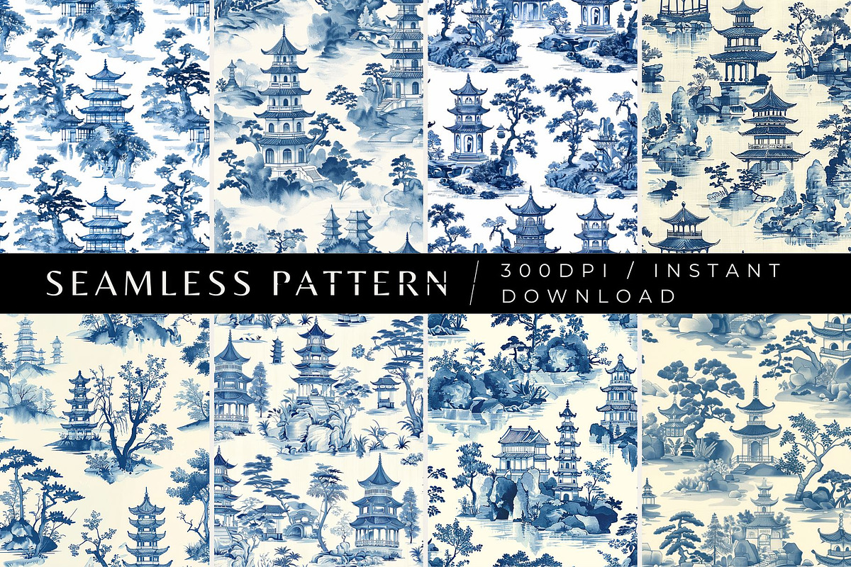 8 Pagoda Seamless Patterns, a Pattern Graphic by Inknfolly (Photo 1 of 5)