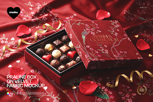 Praline Box on Velvet Fabric Mockup, a Packaging Mockup by creatsy5
