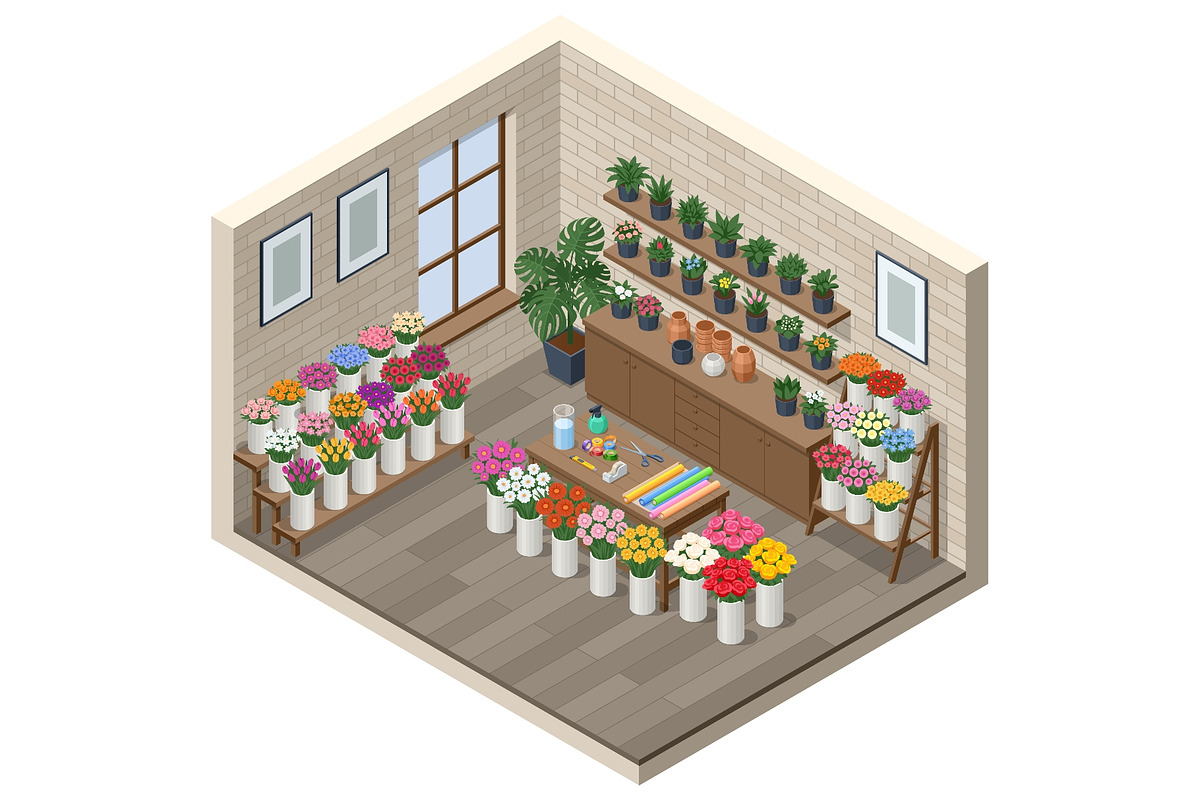 Isometric flower shop interior with, a Person Illustration by Golden Sikorka (Photo 2 of 3)