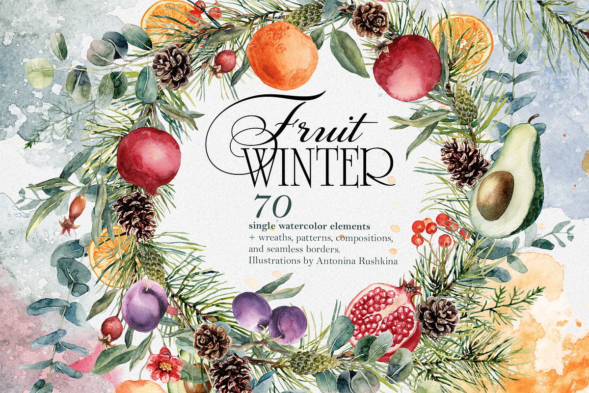 Watercolor winter clipart with fruit, a Decorative Illustration by RushkinaAntonina (Photo 1 of 9)