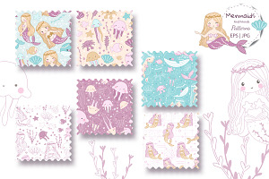 Cute Mermaids Seamless Patterns Set