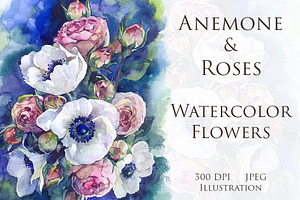 Watercolor Anemone & Roses flowers