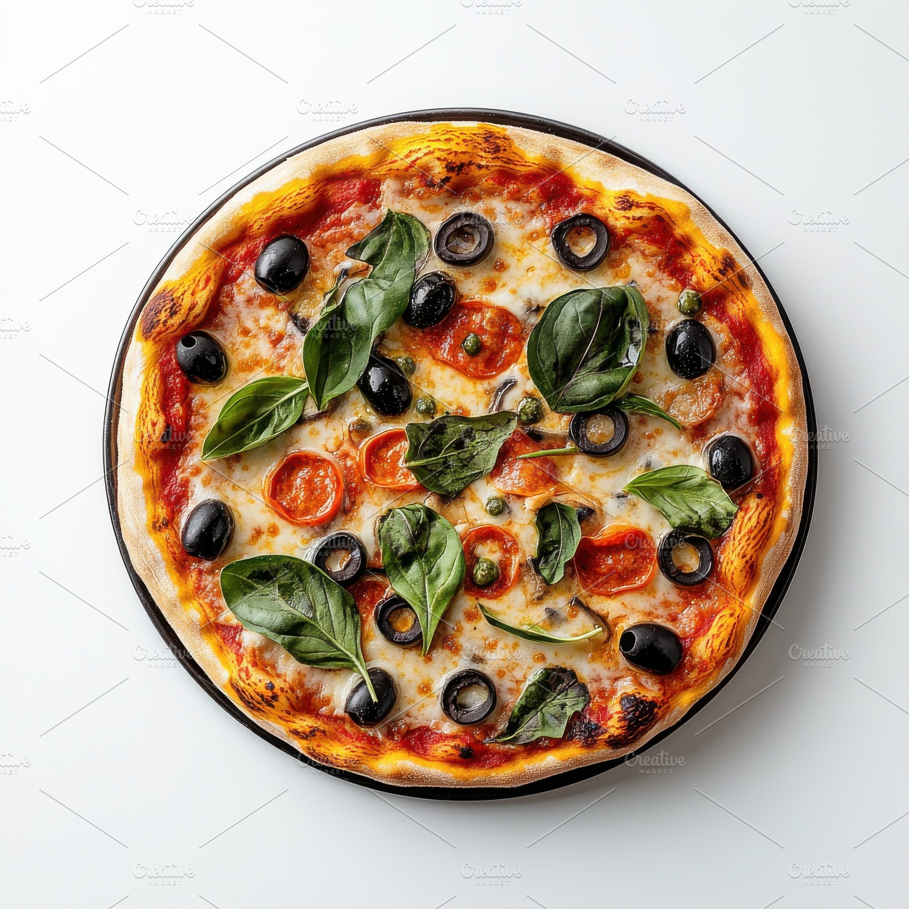 Pizza with vegetables and olives on, a Food & Drink Photo by Pixeness Studio