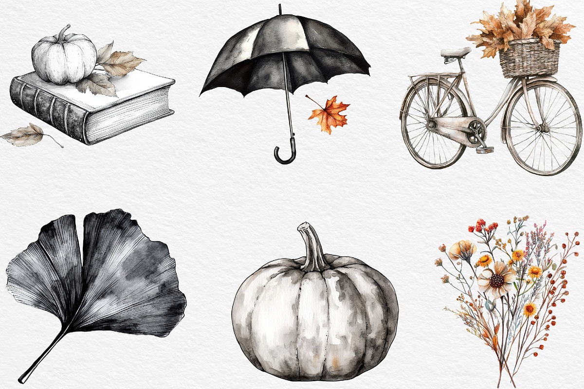 Black & White Autumn Clipart, an Illustration by Black Bird Studio (Photo 3 of 6)