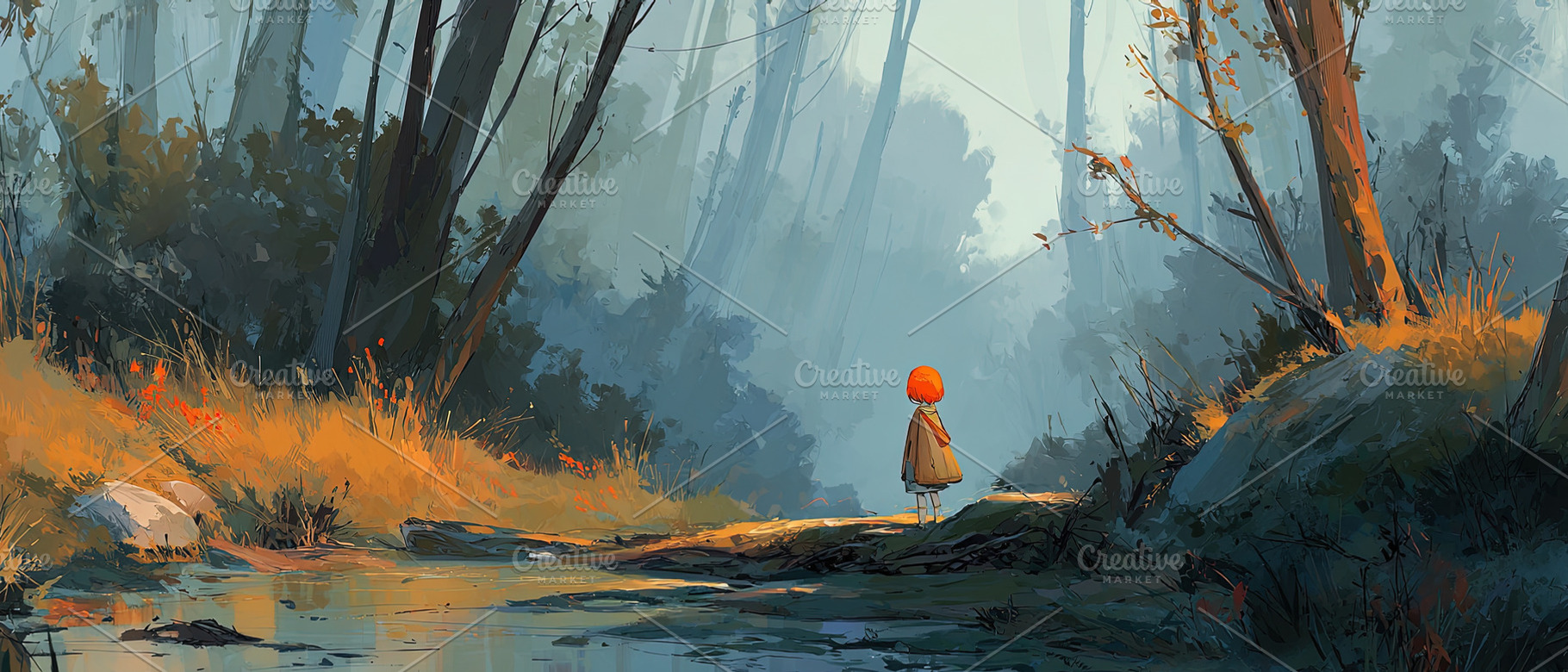 Illustration of a child with red hair standing by a stream in a, an Abstract Photo by Ales Munt