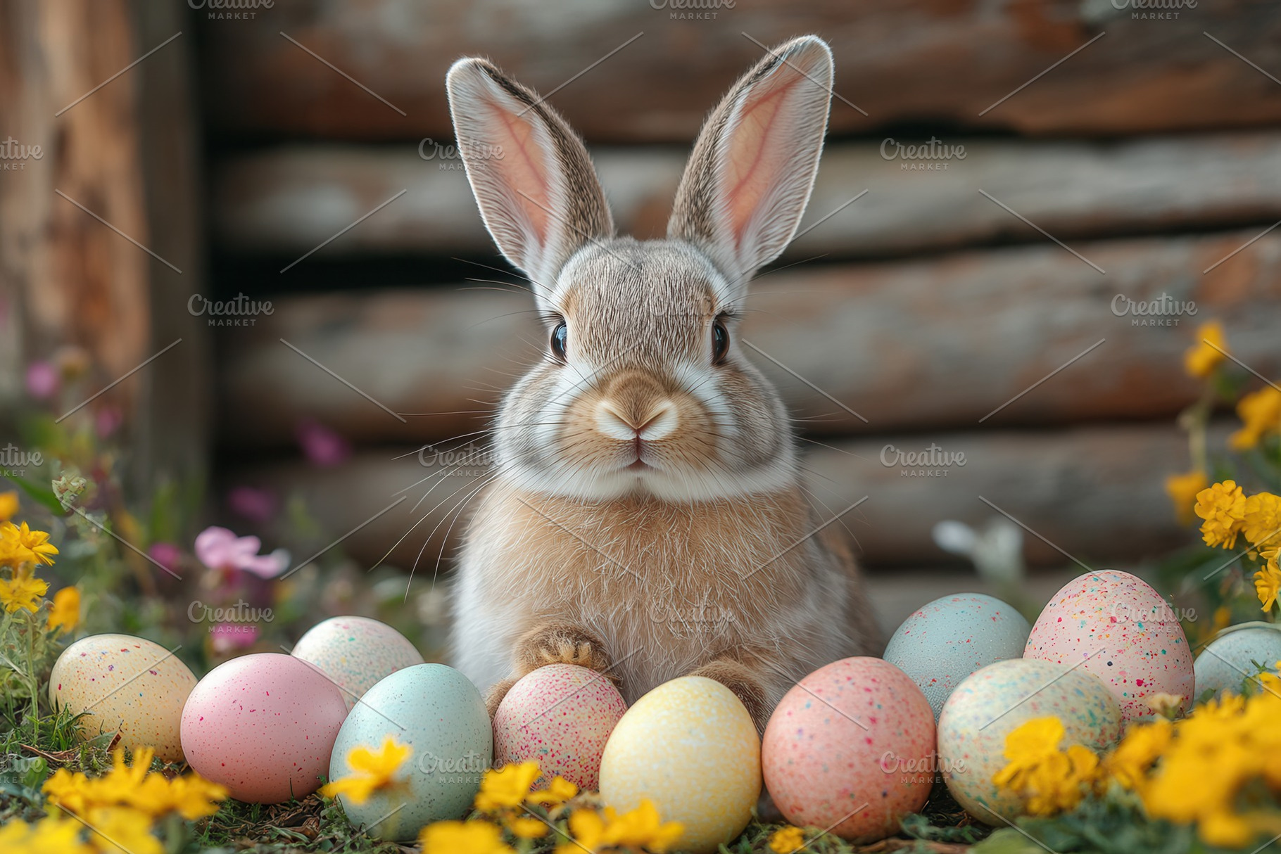 Cute rabbit surrounded by colorful E, a Photo by Tanuart