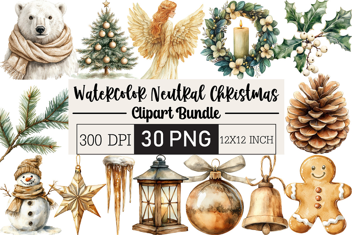 Watercolor Neutral Christmas Clipart, an Illustration by Black Bird Studio (Photo 1 of 6)