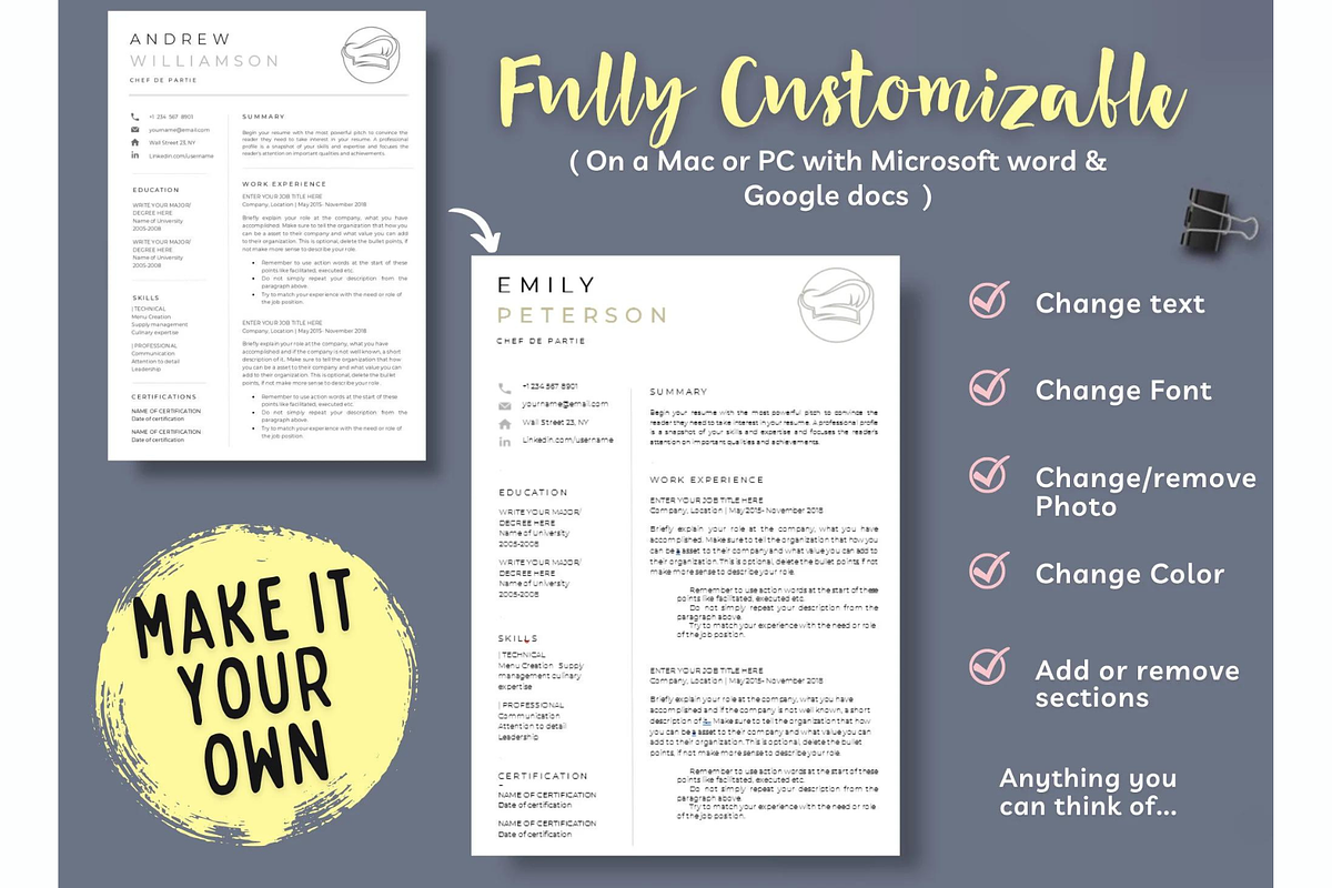 Chef Resume Template Word and docs, a Resume Template by Climbwithelevator (Photo 4 of 6)