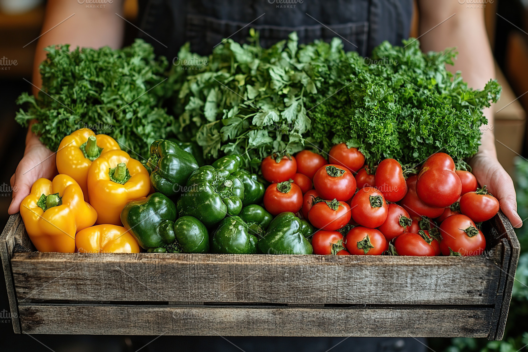 Farmer's hands holding crate full of different ripe vegetables, a Food & Drink Photo by AlyaAnd