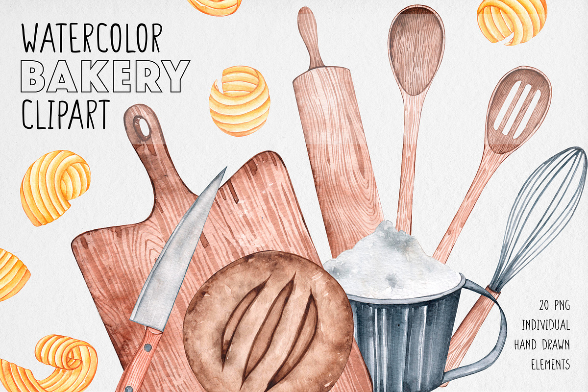 Watercolor Bakery Clipart, an Illustration by MilanaDesignShop (Photo 1 of 4)