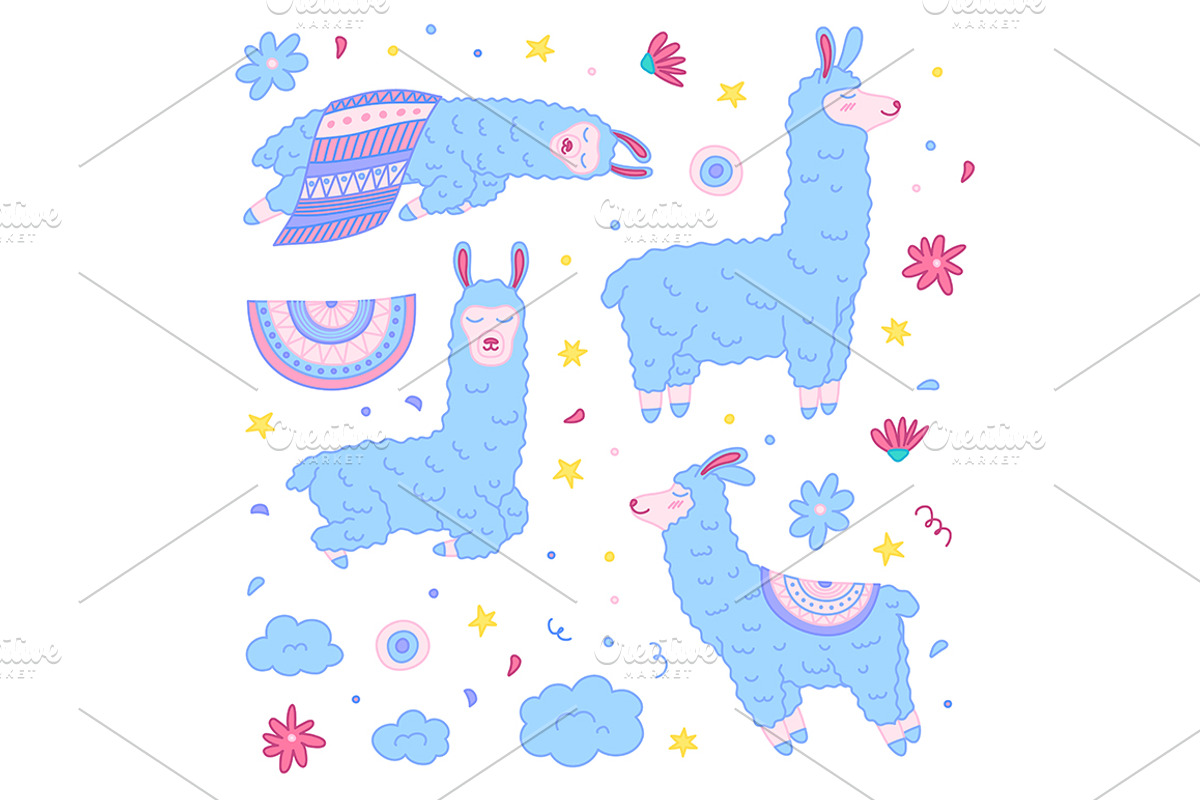 Doodle Llamas Fun Set. Vector, an Object Graphic by Bigmouse_art