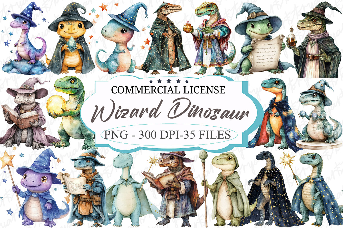 Watercolor Wizard Dinosaur Clipart, an Illustration by designcity5 (Photo 1 of 5)