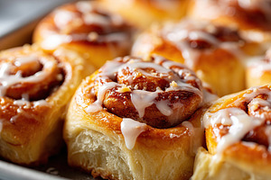 Cinnamon rolls with creamy glaze baked to perfection on a dessert tray, a Food & Drink Photo by AlyaAnd