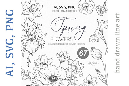 Spring Flowers Line Art, a Decorative Illustration by CaraulanStore