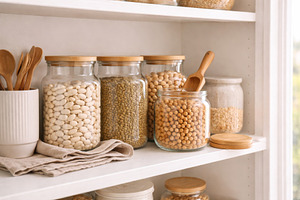 Jars with assorted beans and grains, a Photo by Dvoevnore photos