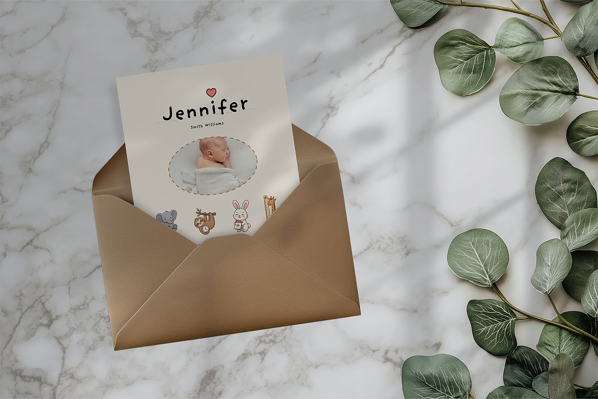 Cute Birth Card With Animal Icons, a Card Template by Filip Studio (Photo 3 of 4)