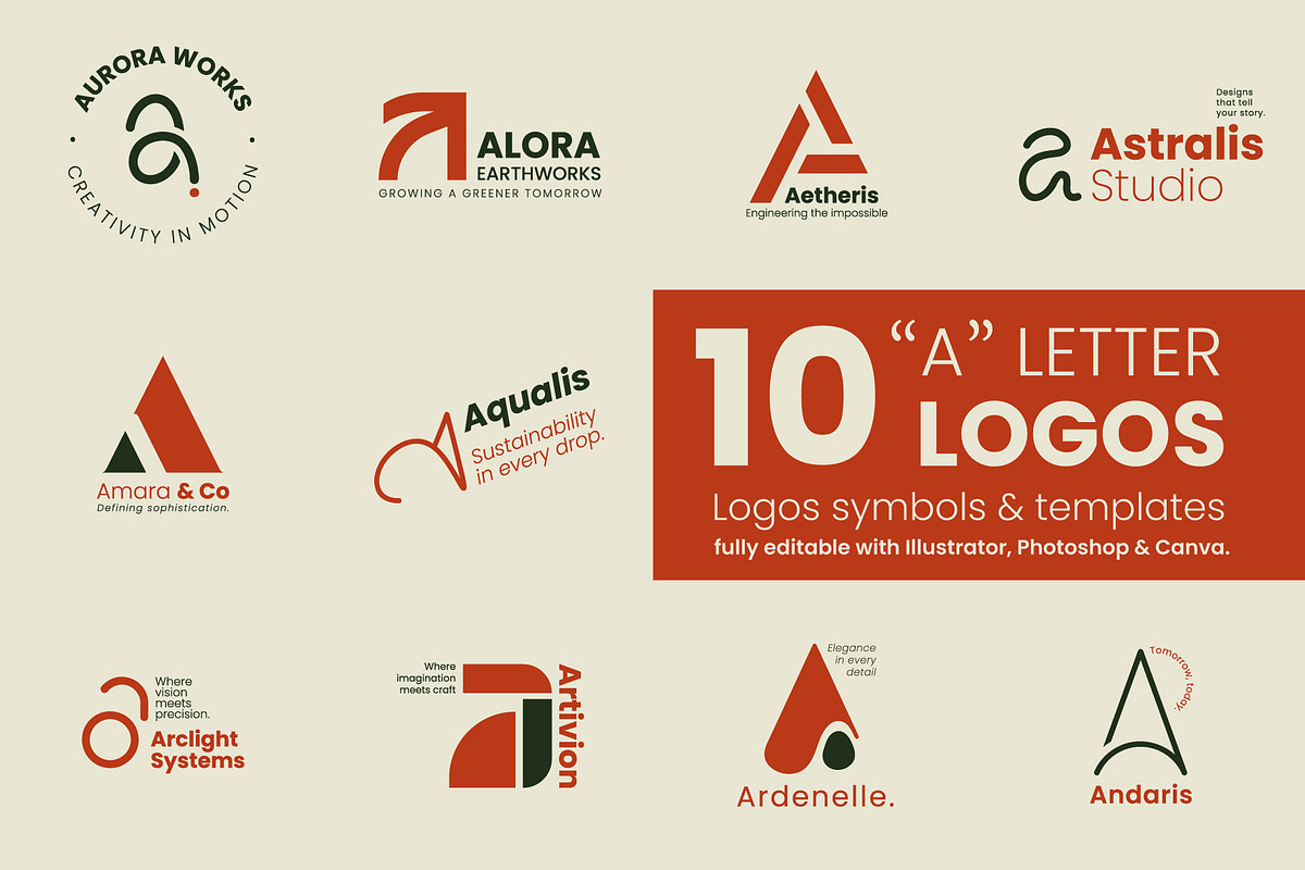 'A' Letter Logo Kit, 10 logos editable preview 2