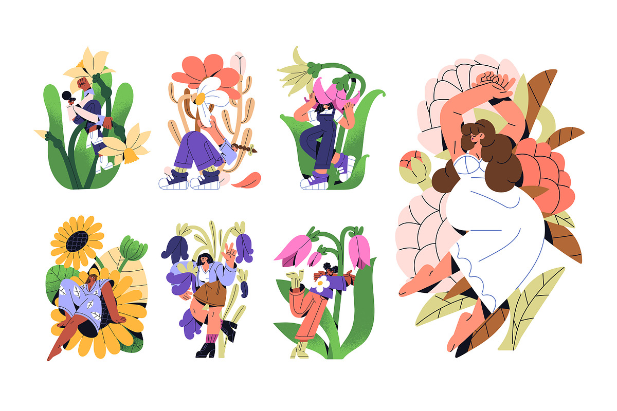 Tiny women with big flowers set, a Person Illustration by PaperTrident (Photo 1 of 5)