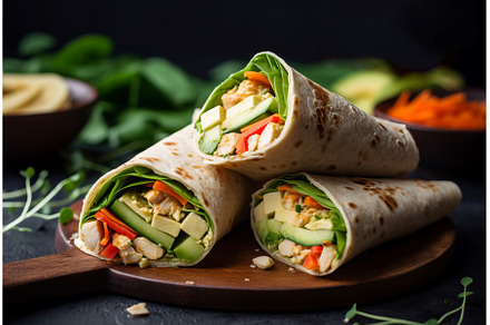 Vegan tortilla wraps on wooden board, a Food & Drink Photo by Ylivdesign