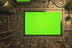 Industrial styled screen mockup surrounded by detailed gear and machinery desig, an Illustration by AS photostudio