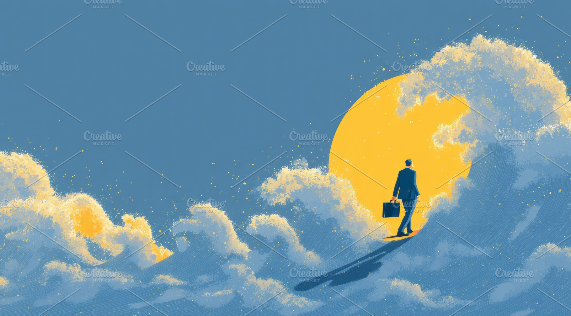 Businessman walking on ocean waves toward bright yellow sun symb, an Abstract Photo by José Manuel Gelpi