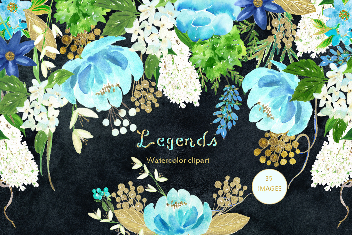 Gold and blue. Watercolor flowers., an Illustration by LABFcreations (Photo 6 of 6)