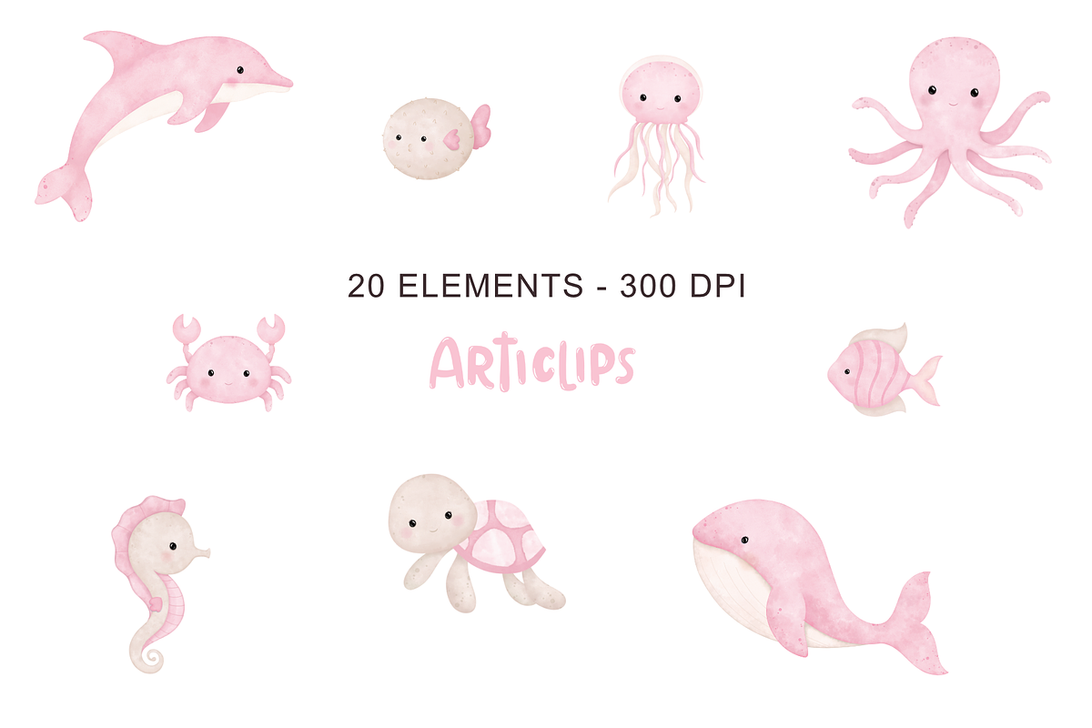 Pink Little Sea - Clipart Set, an Animal Illustration by Articlips (Photo 3 of 4)