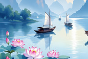 Blue Asian Waterways Guilin China Mo, a Decorative Illustration by Sharon Schwalbe (Thumbnail 1 of 2)