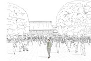 Meiji Shrine Crowd Tokyo Japan, a Person Illustration by PageLightStudios (Thumbnail 1 of 2)