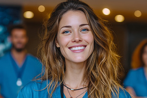 Smiling nurse in medical scrubs with a team in a hospital setting, a Health & Medical Photo by AS photostudio
