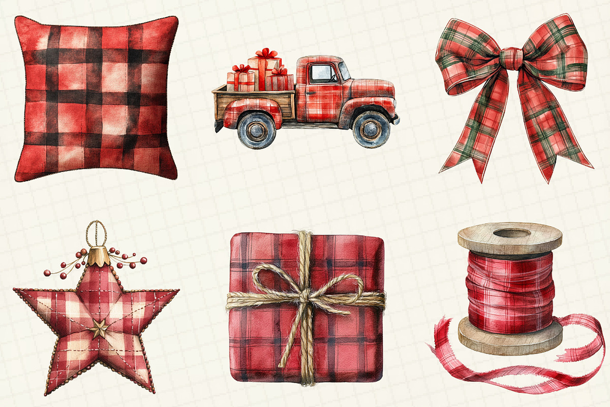 Plaid Christmas Watercolor Clipart, an Illustration by OK Design (Photo 5 of 5)