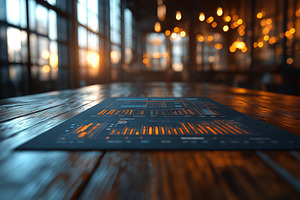 An artistic view of data visualization on a wooden table, illuminated by warm s, a Background Photo by ImageMir