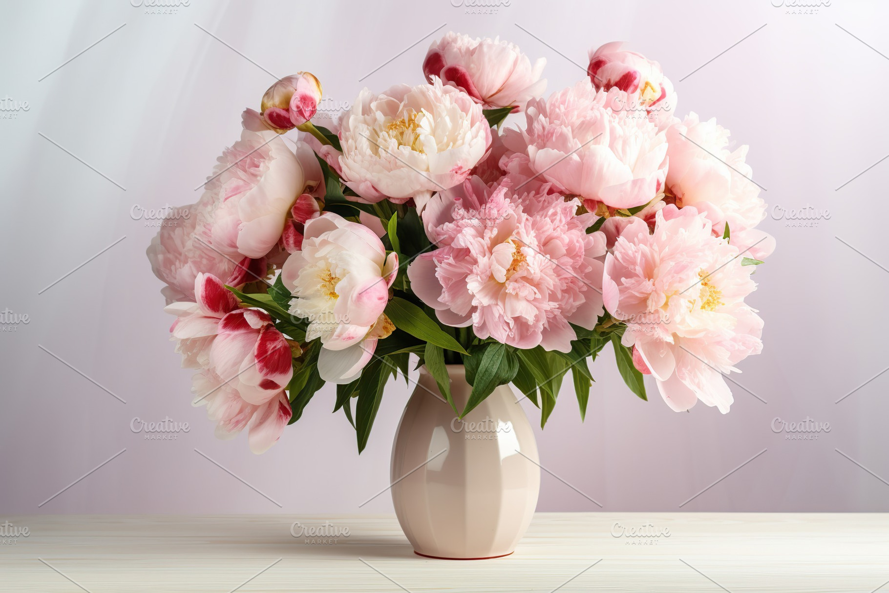 Pink peony flowers in vase on wooden table, a Nature Photo by AlyaAnd