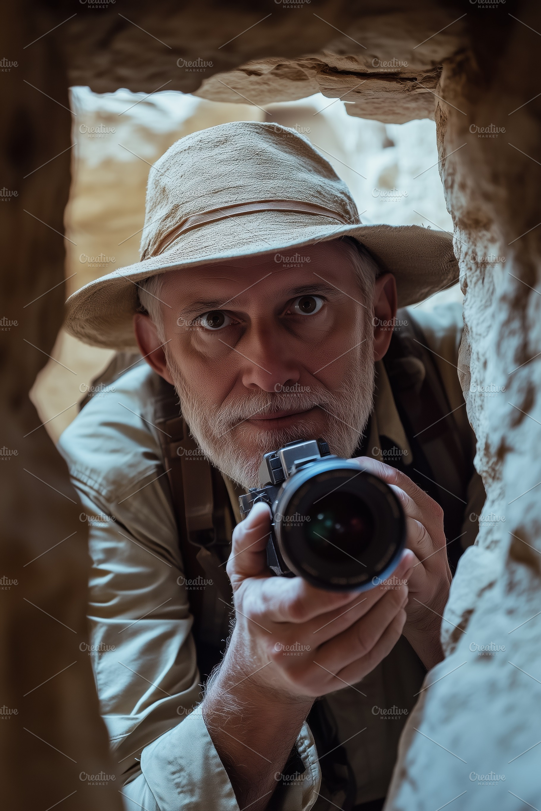 A man Egyptologist with a beard and a hat holds a camera, peering through a nar, a Person Photo by Textures & Backgrounds