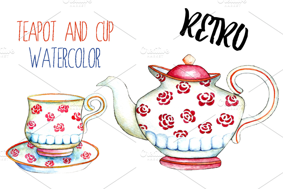 Watercolor teapots and cups, a Food Illustration by Vikeriya (Photo 4 of 6)