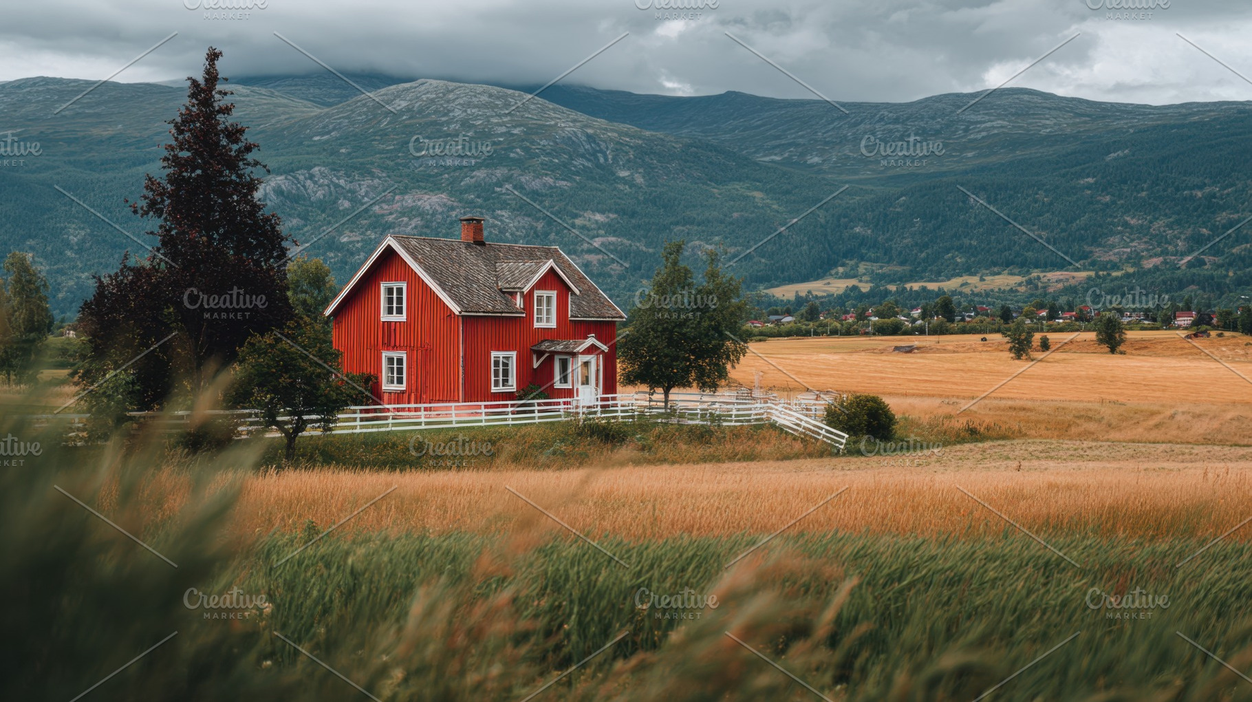 Red house in a field, mountains, a Photo by Beautiful things