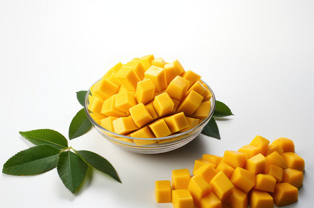Fresh Mango Fruit Cubes in a Glass Bowl With Green Leaves on White Background, a Photo by AS photostudio