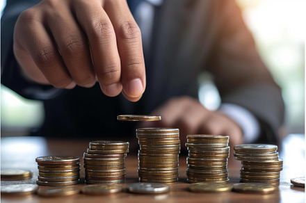 Businessman stacking coins for, a Business Photo by Ylivdesign