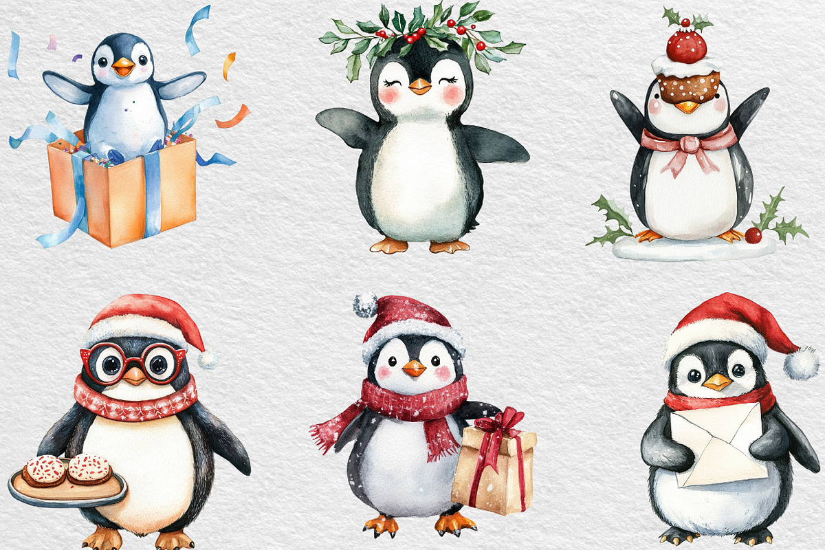 Watercolor Christmas Penguin Clipart, an Illustration by Black Bird Studio (Photo 6 of 6)