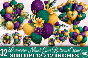 Watercolor Mardi Gras Balloons Clip, an Illustration by SVGArt