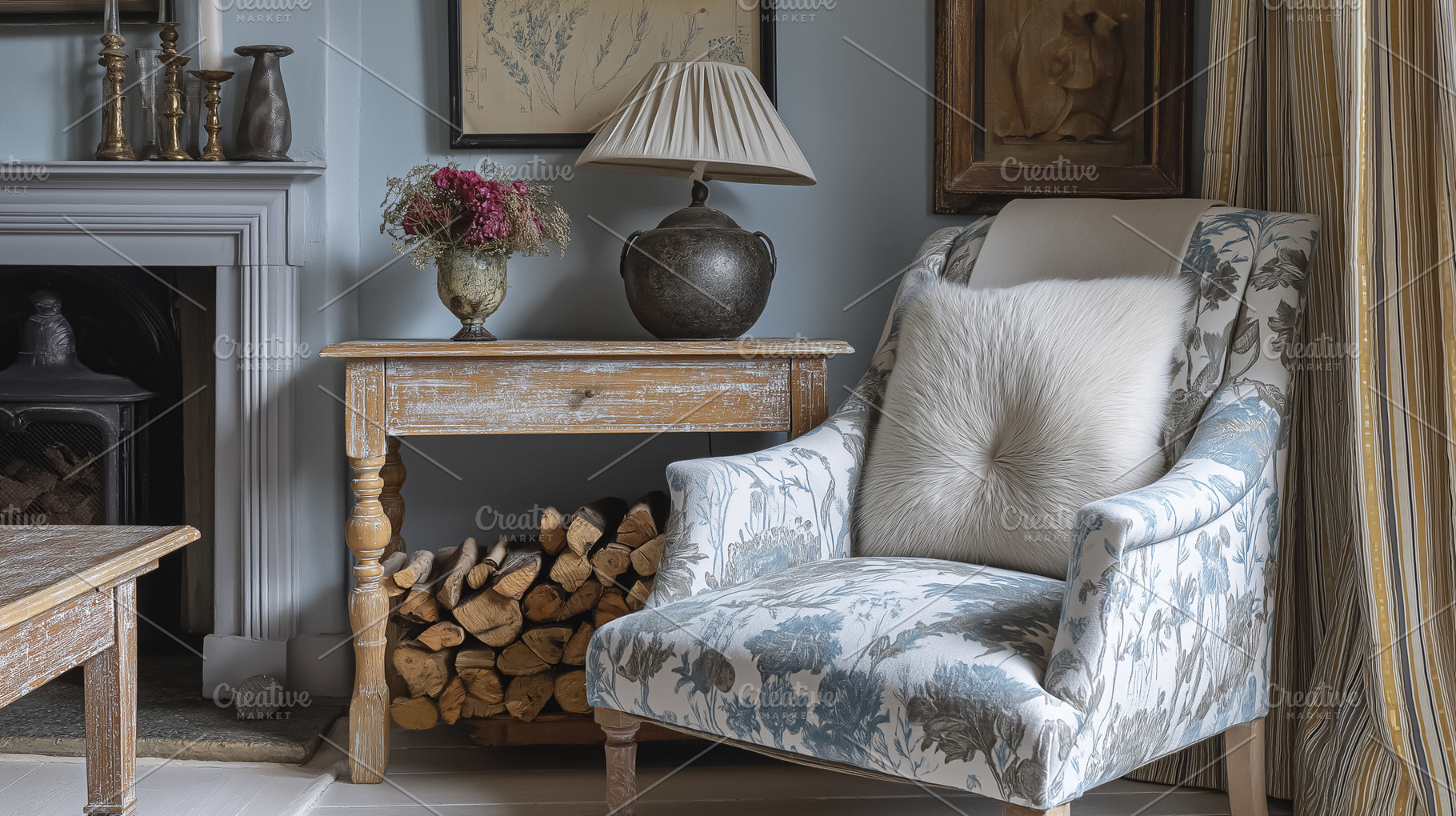 Cozy living room corner with a floral patterned armchair, fireplace with log bu, an Architecture Photo by Studio ANNA