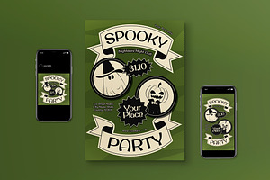 Green Retro Spooky Party Flyer Set, a Flyer Template by graphicook