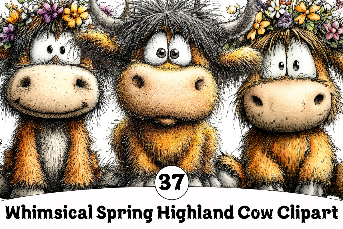 Whimsical Spring Highland Cow Clipar, an Illustration by Design Market (Photo 1 of 5)
