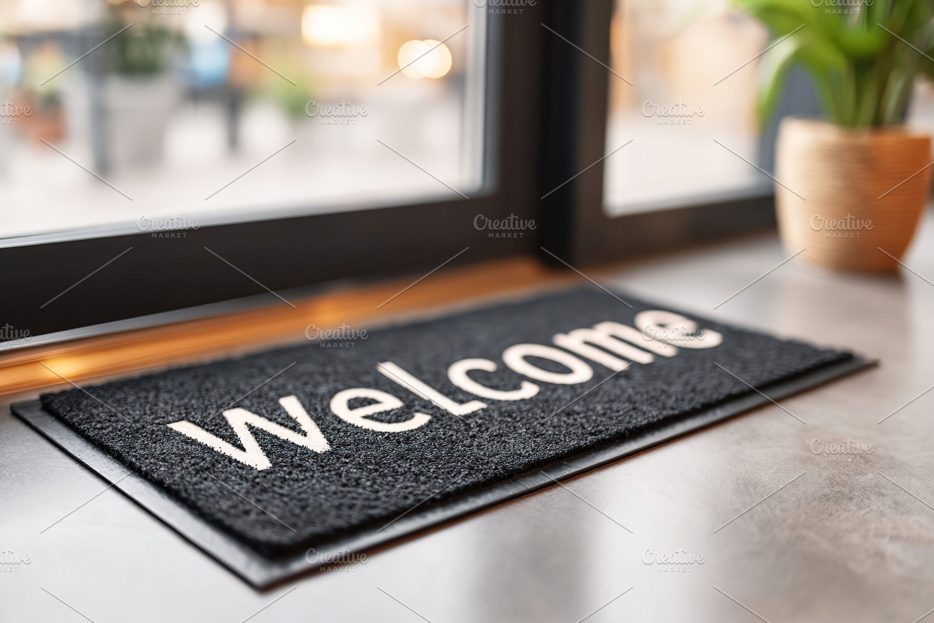 A welcome mat in black with white lettering greets visitors at a store entrance, a Photo by AlyaAnd