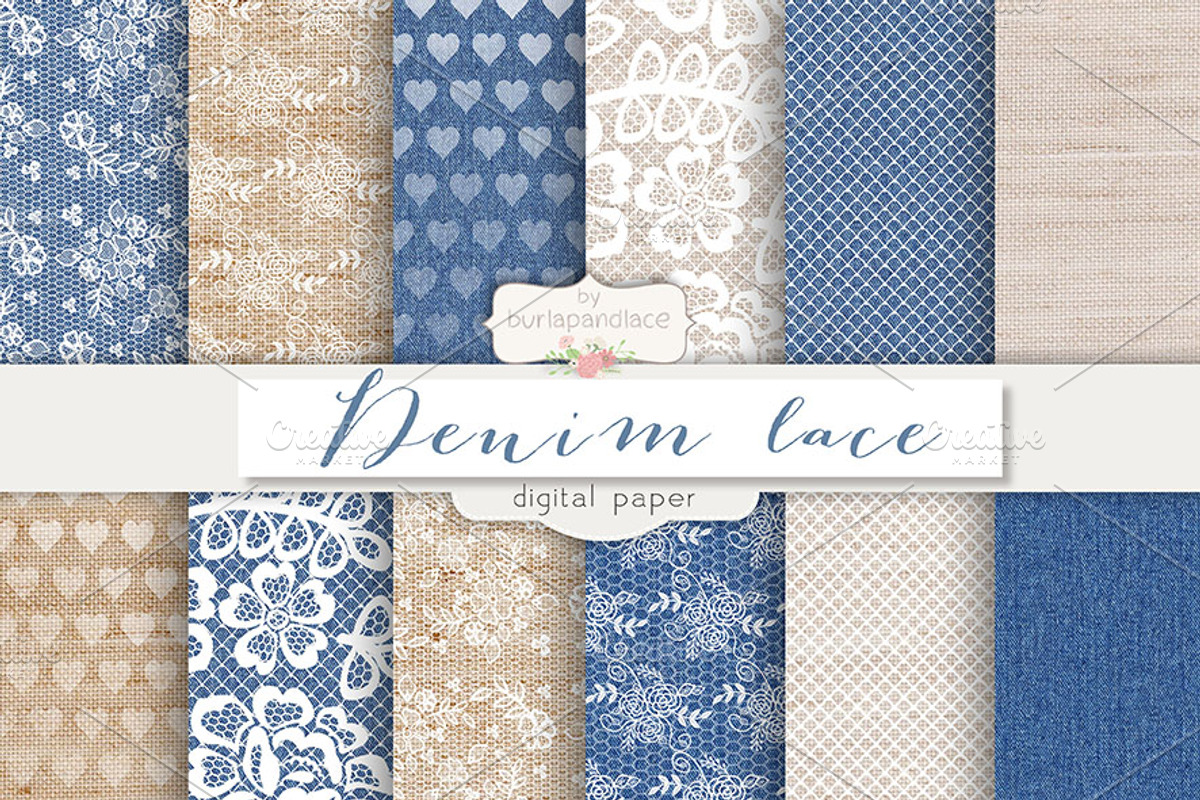 Denim/burlap lace digital paper