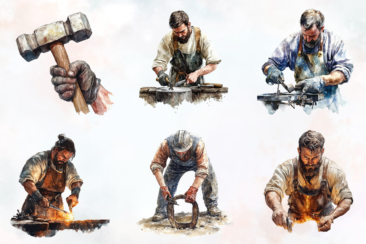 Blacksmith Watercolor Cliparts, an Illustration by RobertsArt (Photo 2 of 7)