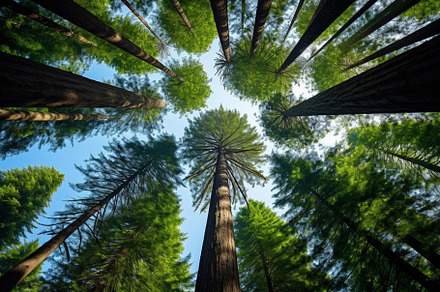 view down into tall green trees in the forest, a Photo by AvalgaCollectiblesan