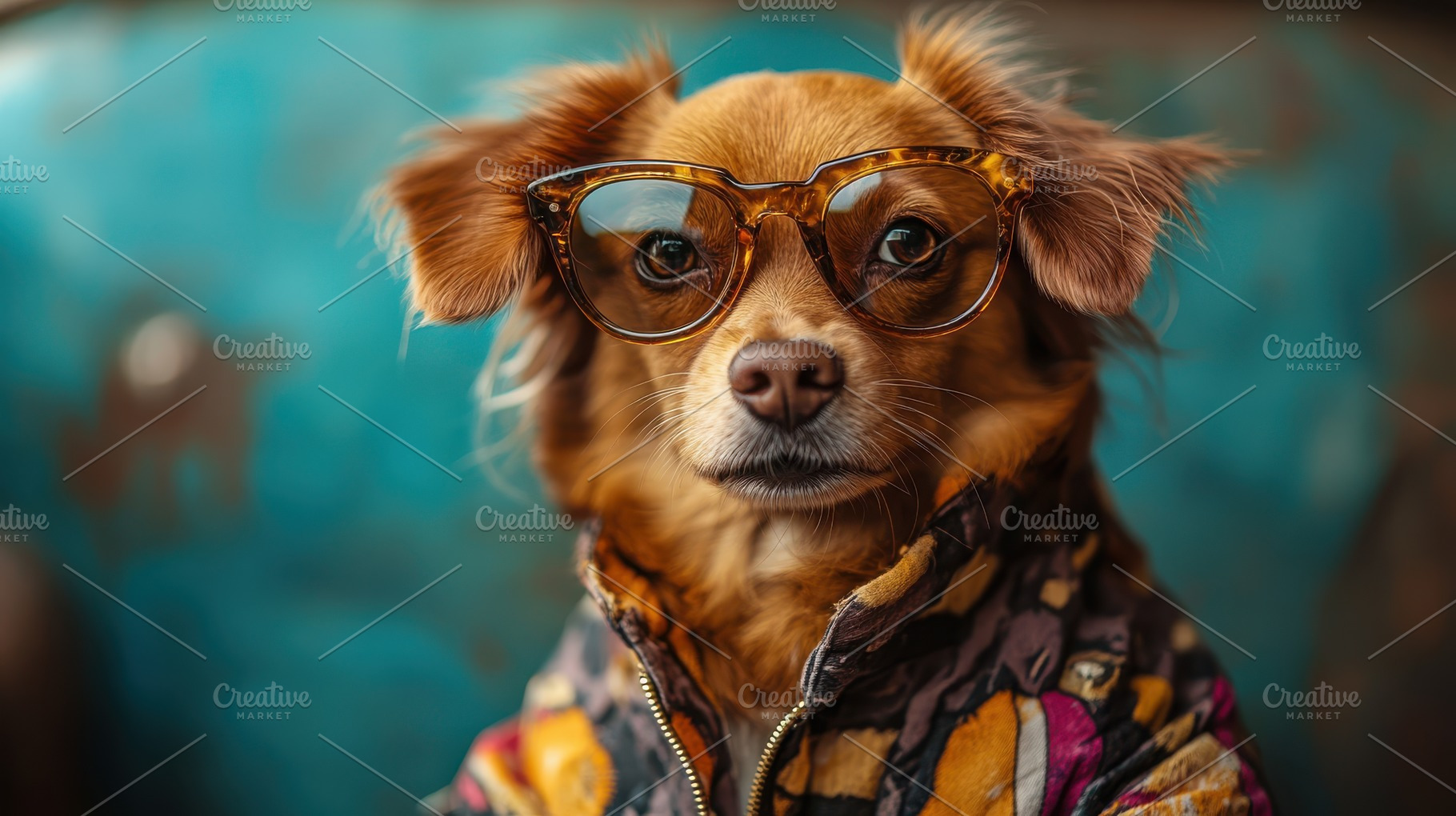 Dog portrait with eyeglasses in a co, an Animal Photo by Pixeness Studio