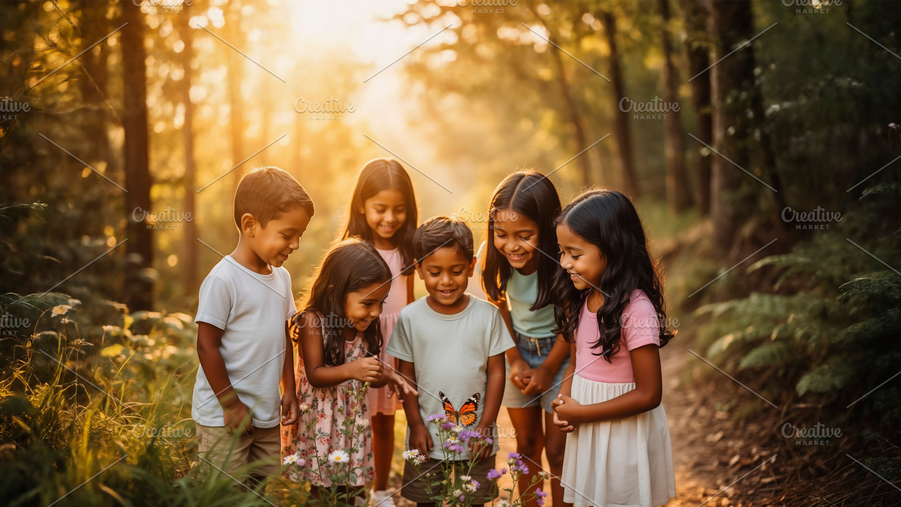 Group of diverse children gathered together on a forest trail in, a Person Photo by DanFLCreativo